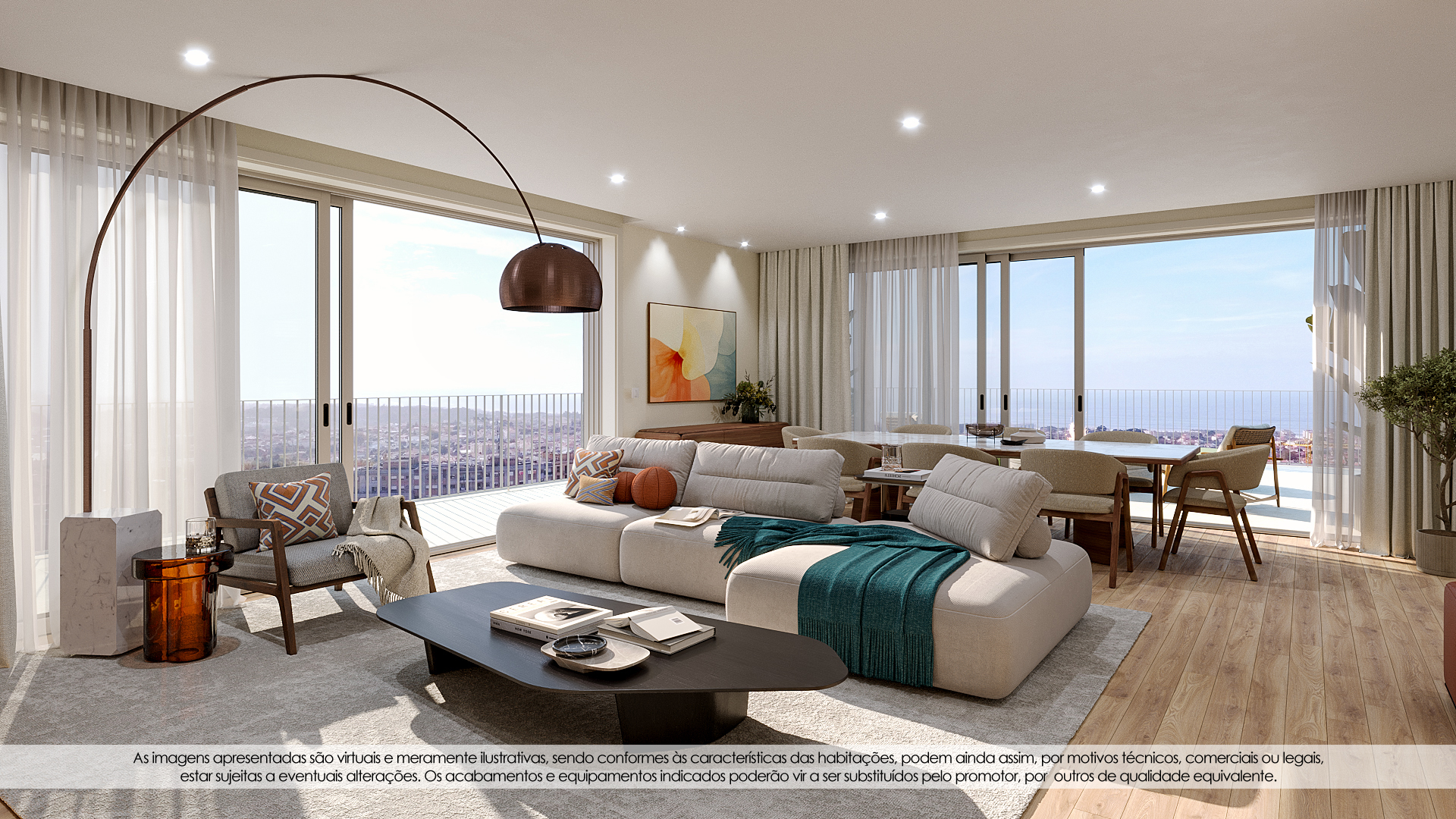 Sala ampla com lareira e vista panorâmica sobre a cidade