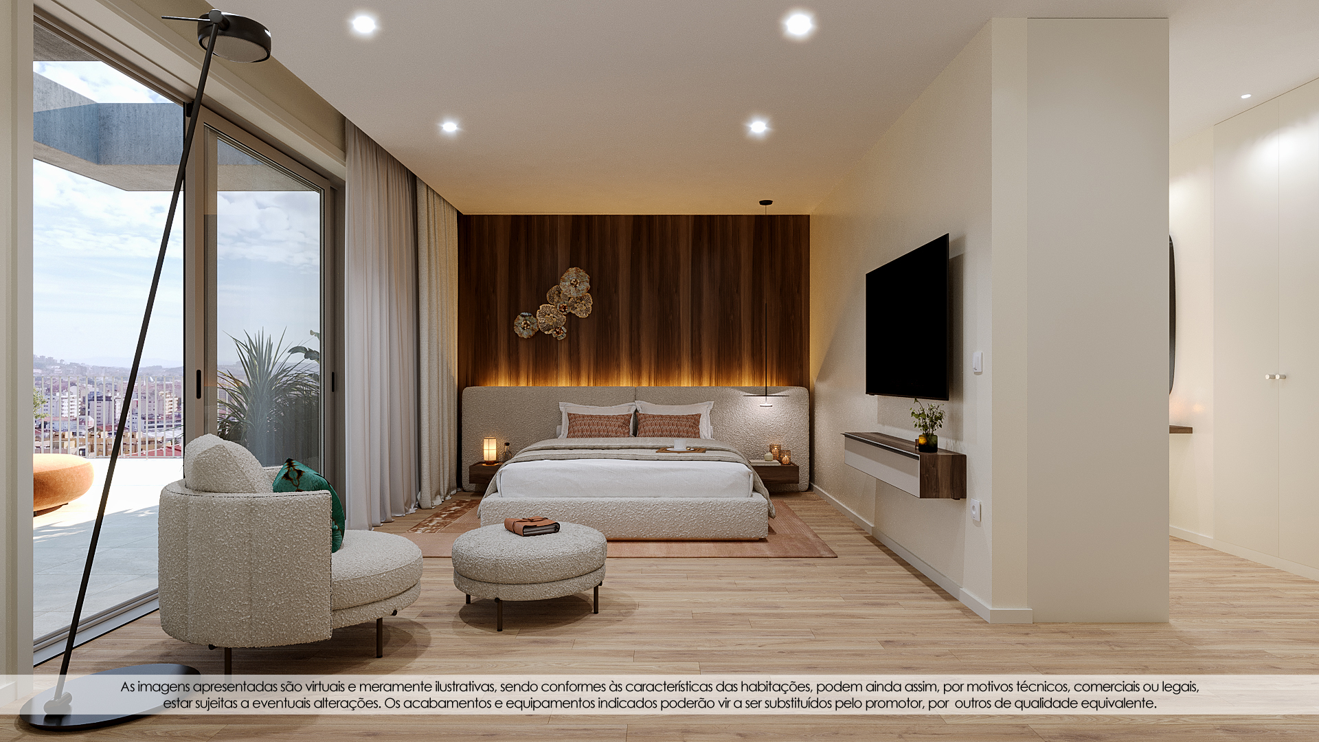 Suite principal com painel em madeira e varanda