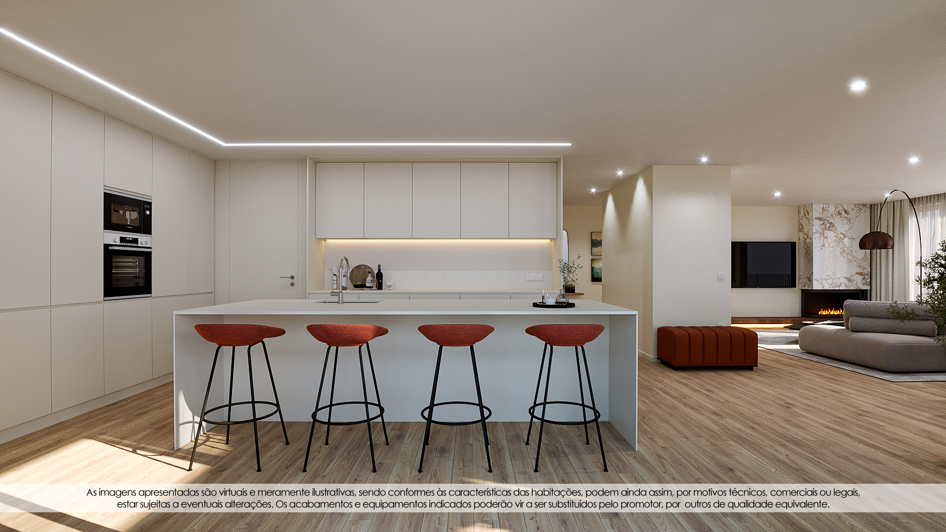 Cozinha integrada com sala em open space e lareira