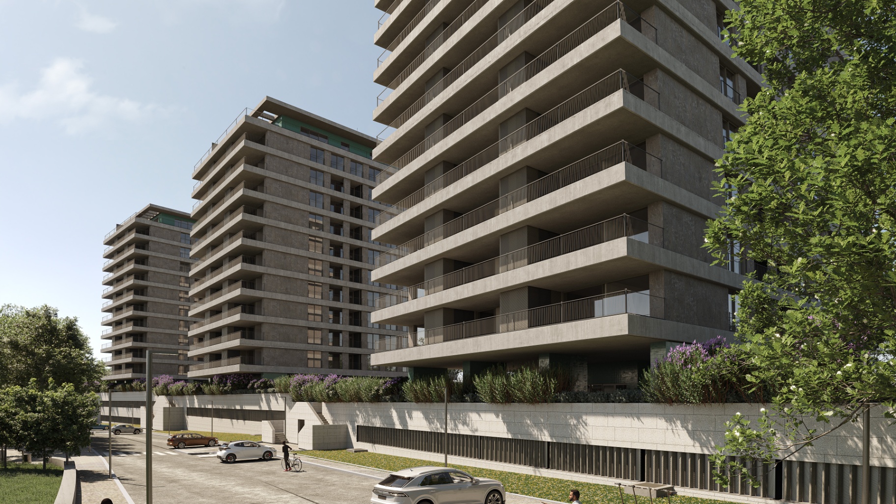 Fachada dos edifícios com envolvente arborizada