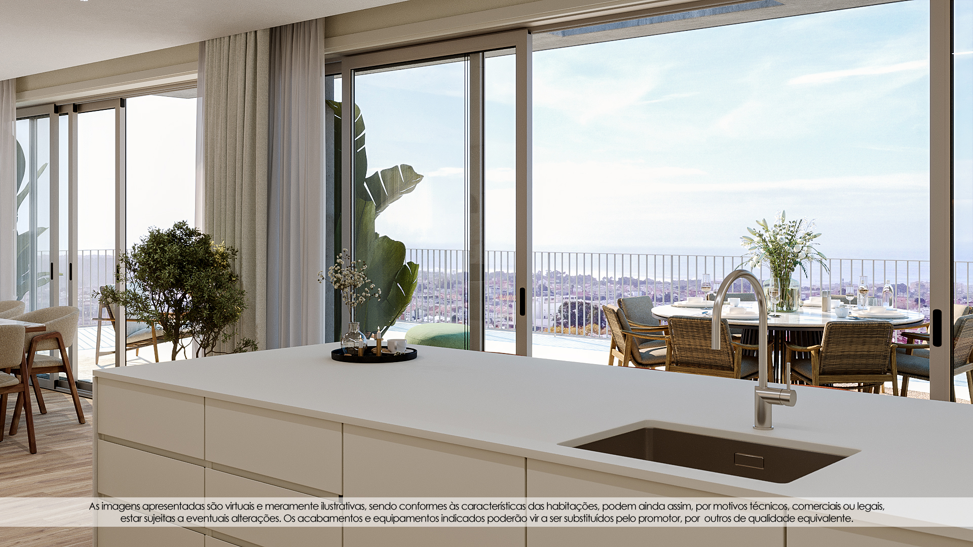Cozinha com bancada em ilha e vista panorâmica